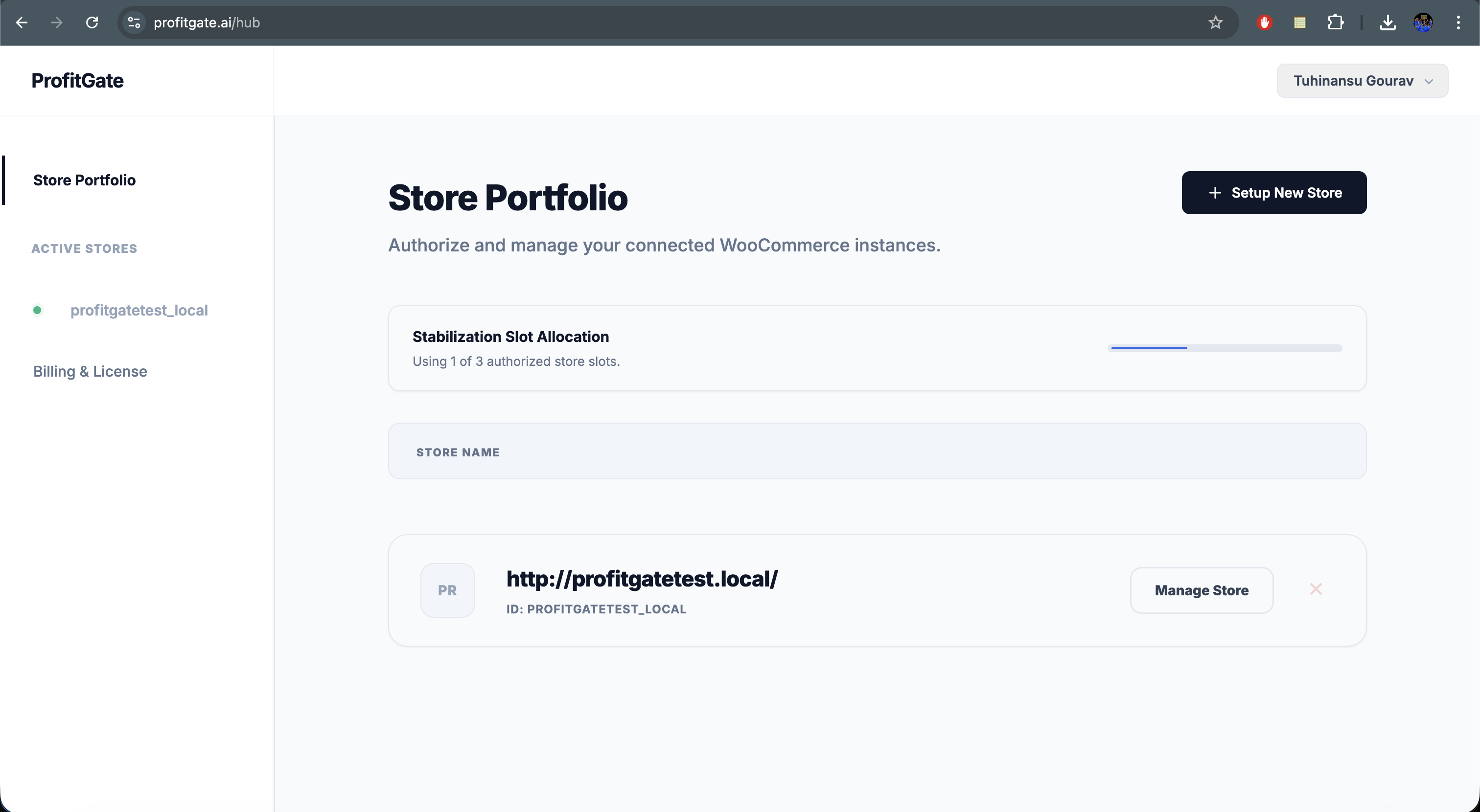 Store Portfolio: A centralized view of all linked WooCommerce stores inside the ProfitGate.ai Hub.