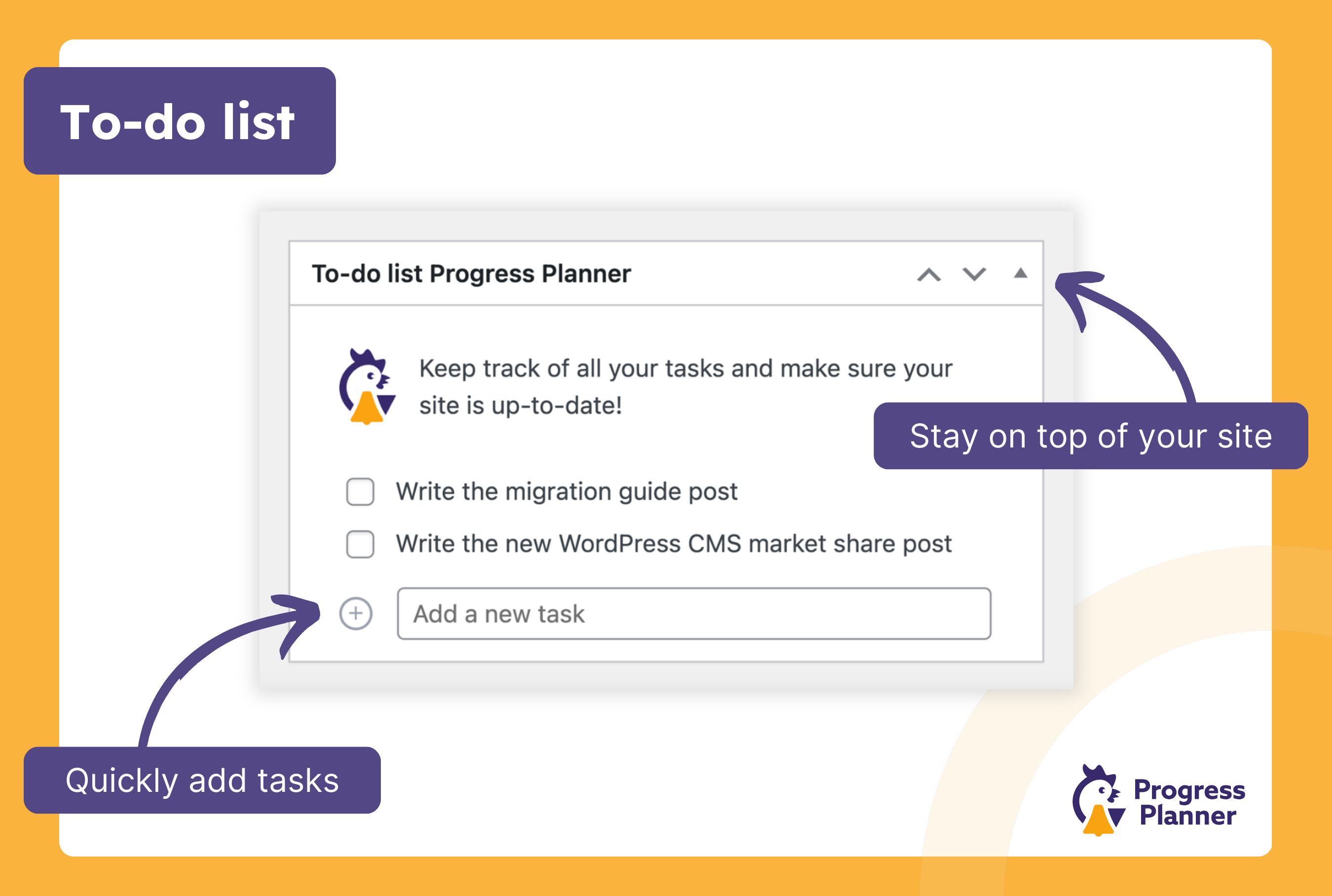 Maintain a simple to-do list per site on your dashboard or your Progress Planner page.