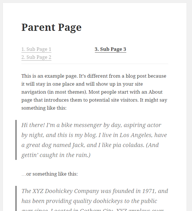 The sub page menu. Items in bold indicate unread pages