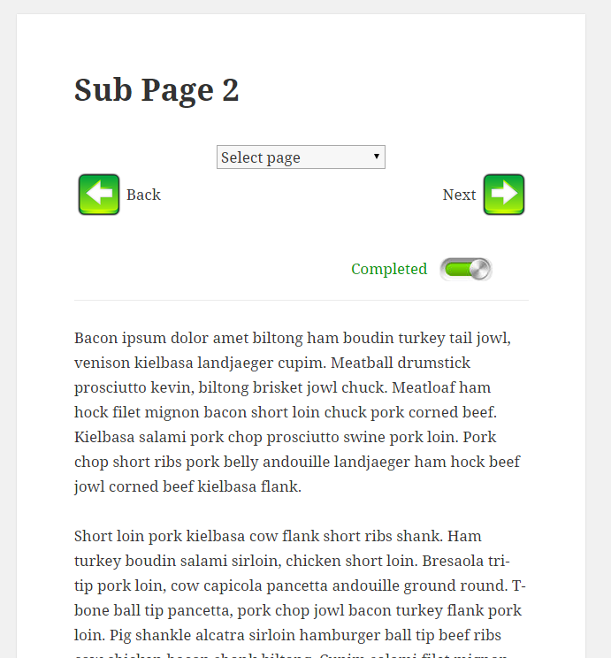 A sub page with next / back buttons, quick jump menu and the 'mark as read' button