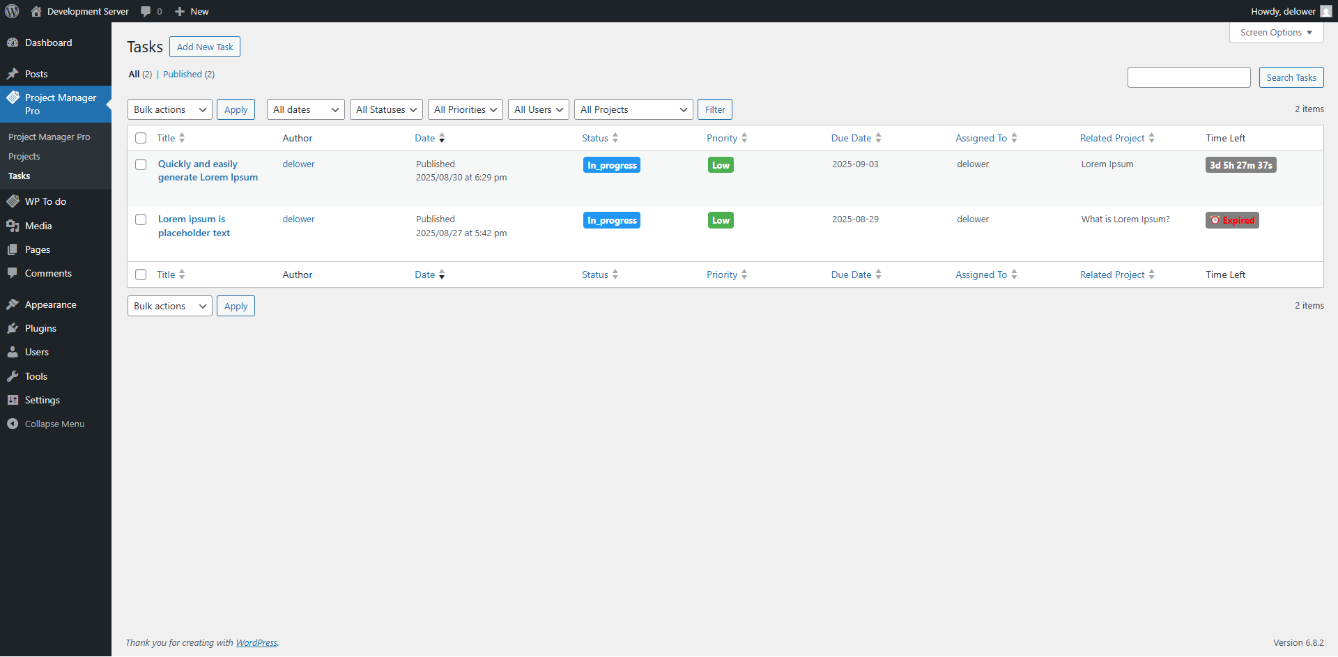 Task editor screen with Project selection.