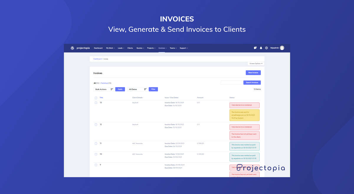 Calendar - View Due Invoices, Milestones, Projects & Tasks