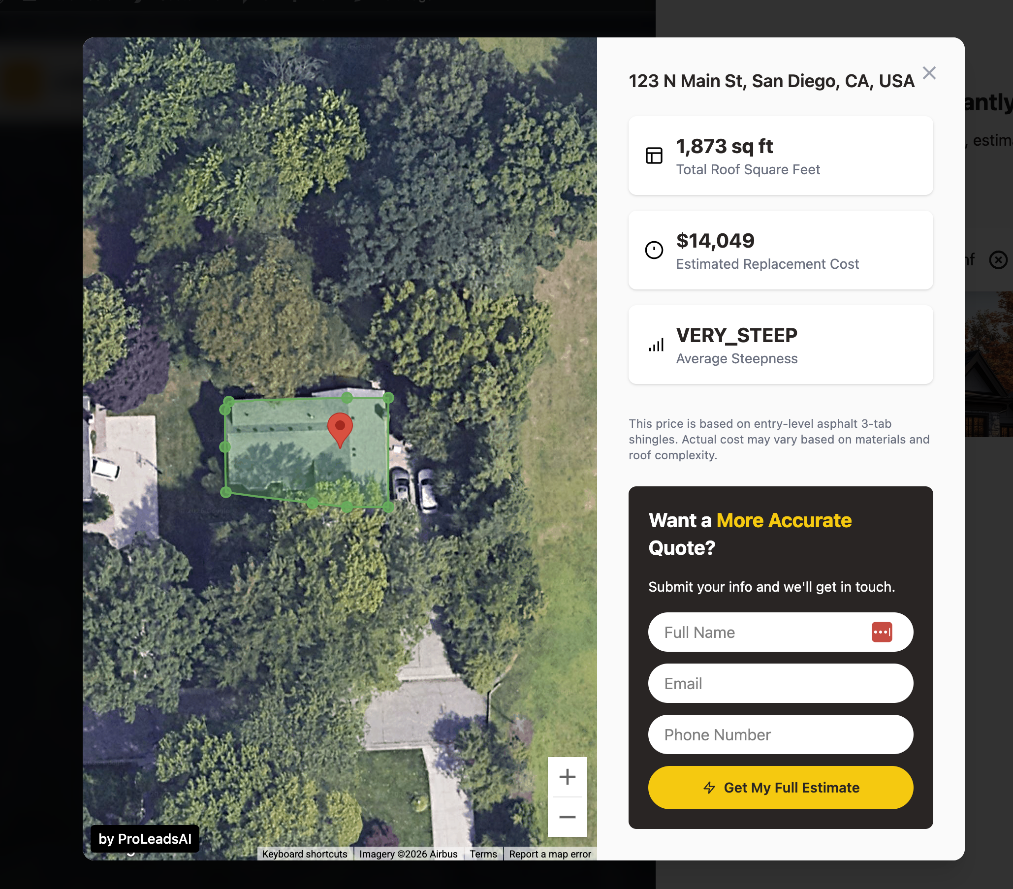Roof estimate results with satellite map, square footage, and cost estimate