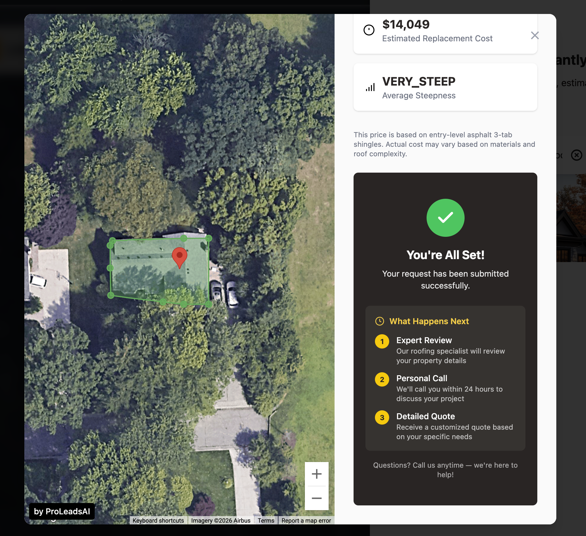 Confirmation view after a lead submits the contact form