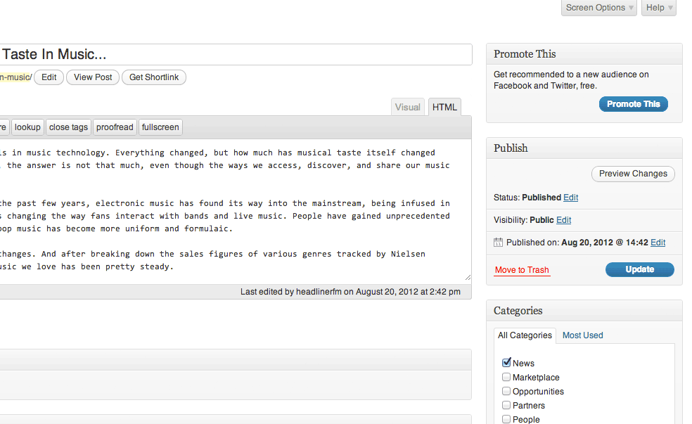 Promote This widget is available on the posts page for all published posts.