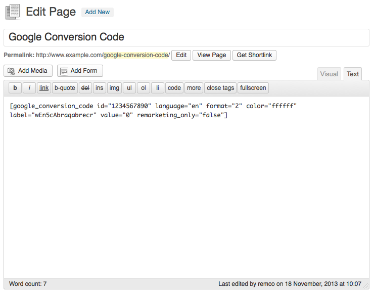 Edit page width Google conversion code shortcode.