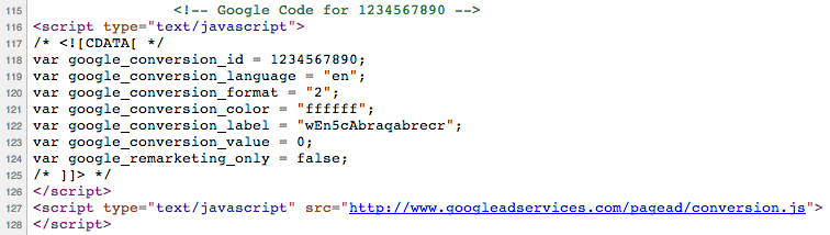 View source of page with Google conversion code.