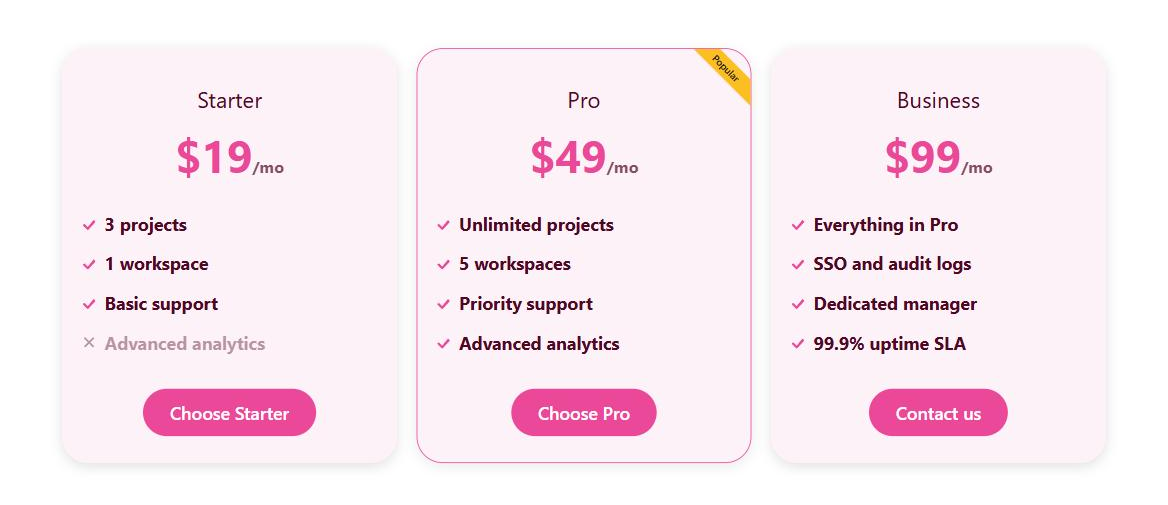 The same Pricing Table with the Playful preset: pill buttons, shadowed cards and a corner ribbon.
