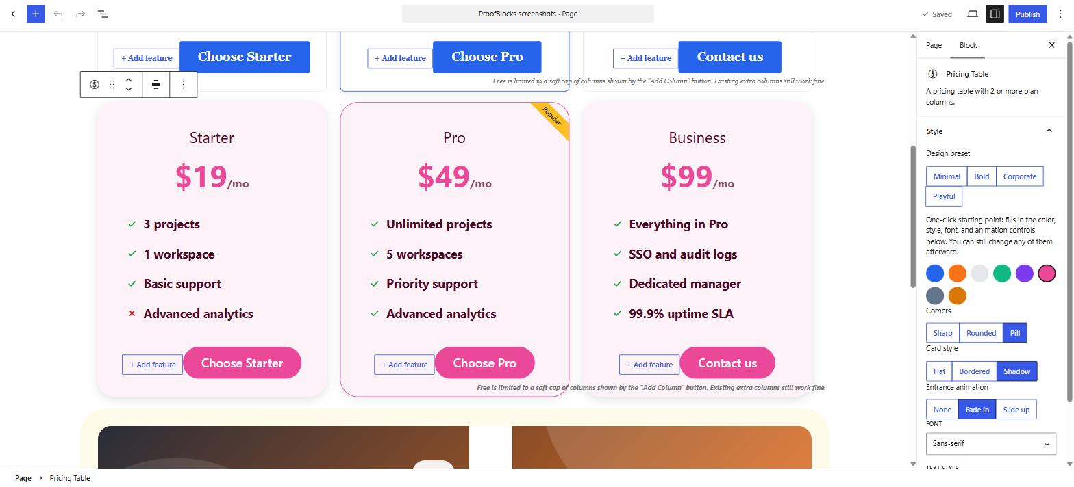 Building a Pricing Table in the Block Editor: design presets, colors, corners, card style and entrance animation in the sidebar.