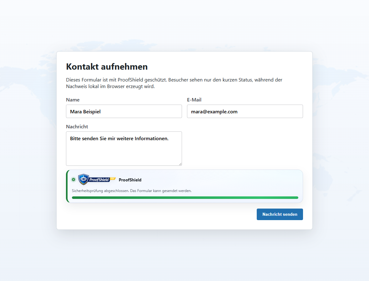 Frontend status card: visitors see a short proof status while the browser creates a local security proof.
