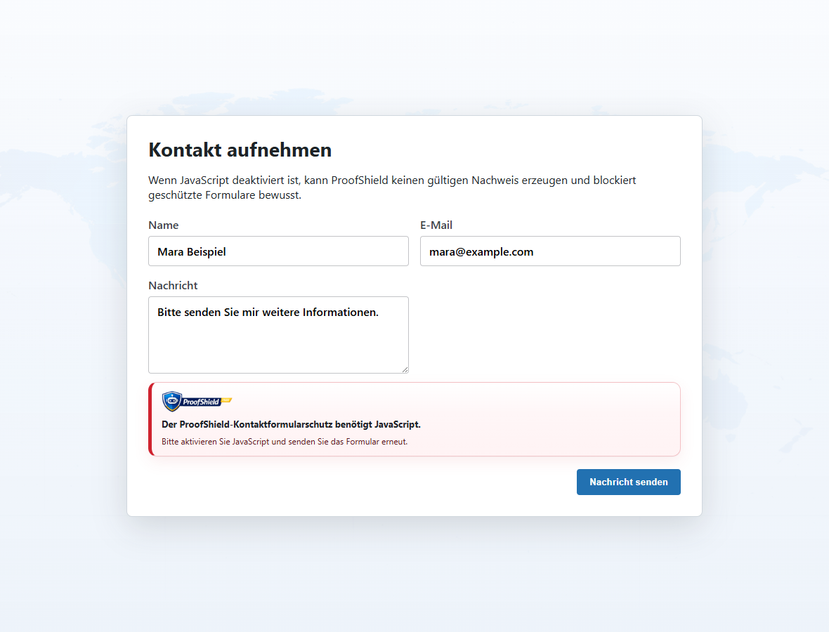No-JavaScript fallback: protected forms fail closed when a browser cannot create a valid proof.