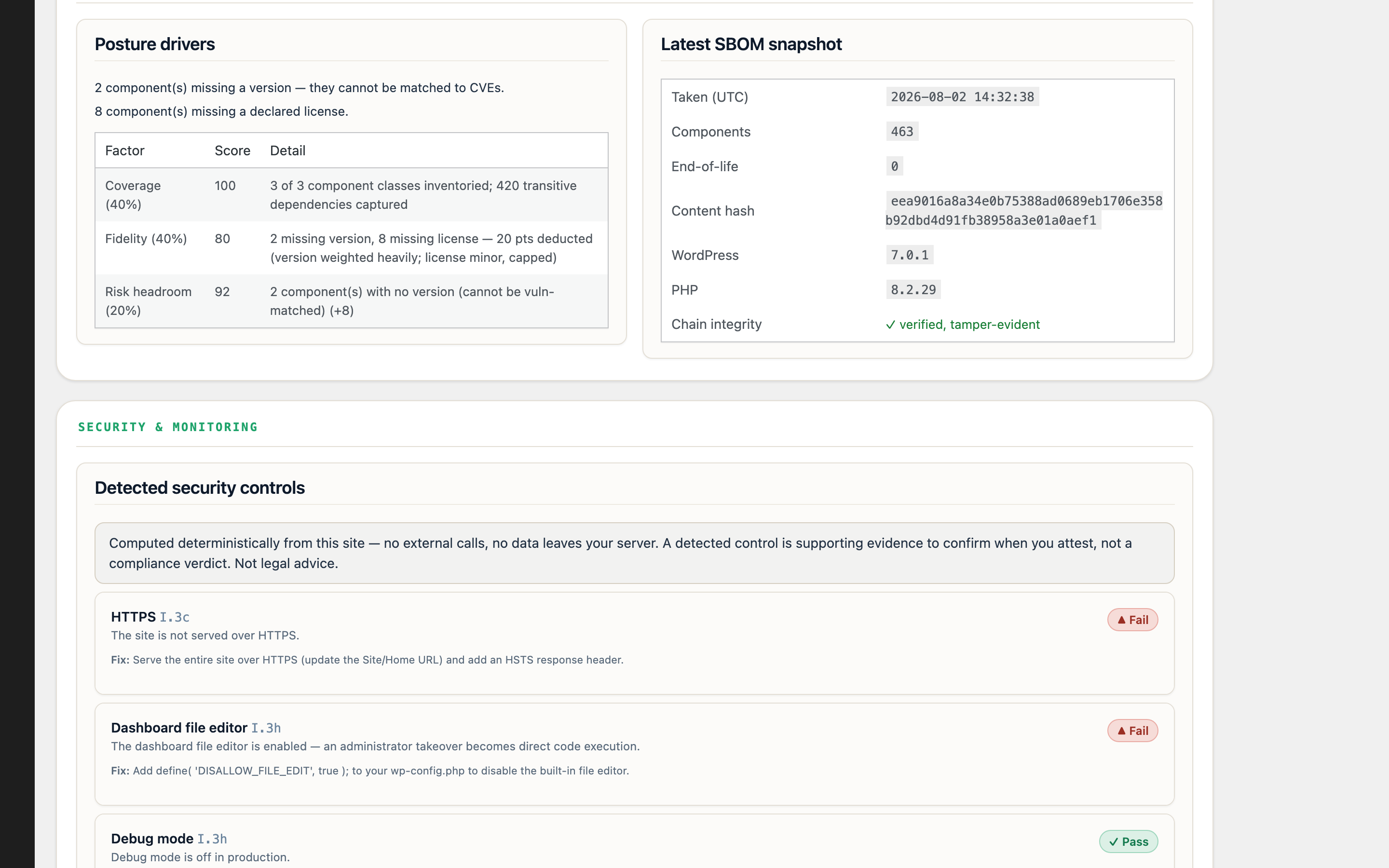 Posture drivers with the full factor-by-factor score breakdown, the hash-chained SBOM snapshot, and detected security controls.