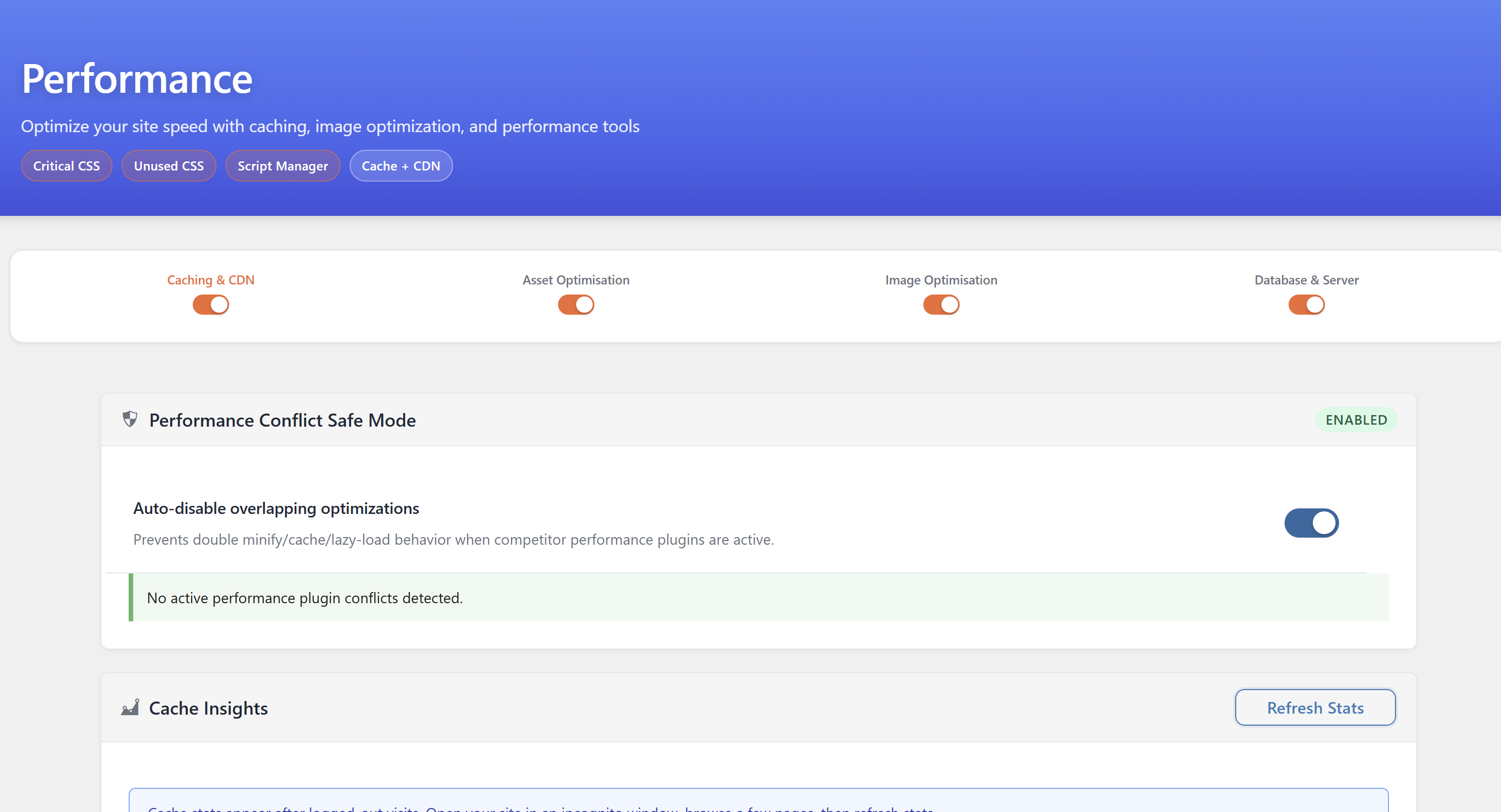 Performance tools for caching, asset optimisation, image optimisation, and database cleanup.