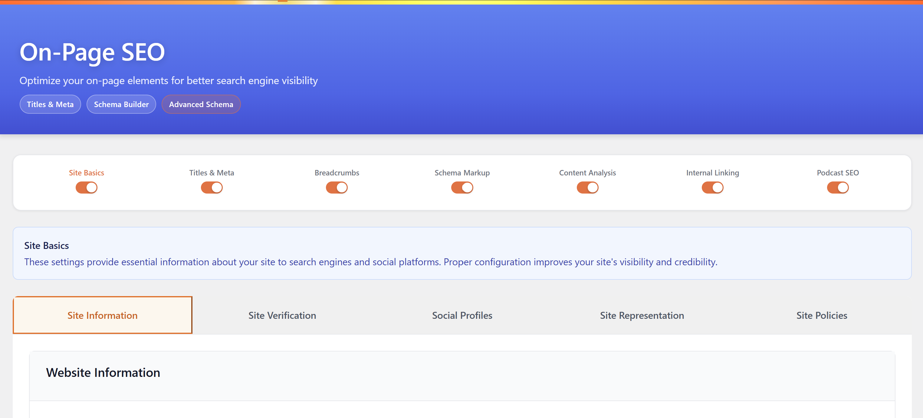 On-page SEO settings for site basics, metadata, schema, content analysis, and internal linking.