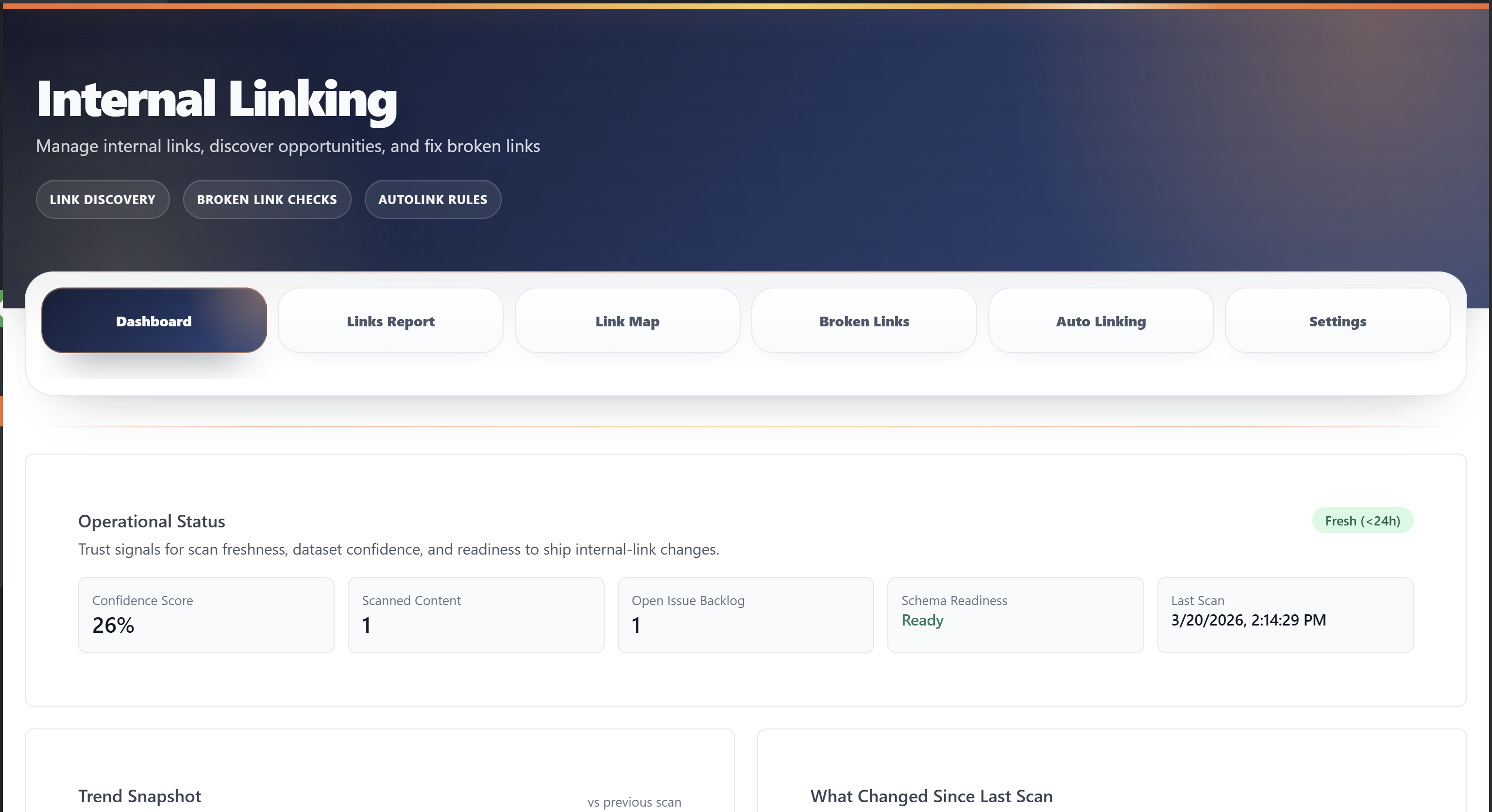 Internal linking workspace with link reports, link map, broken-link checks, and auto-linking tools.