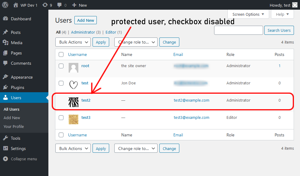 Example of users list view when protection is active.