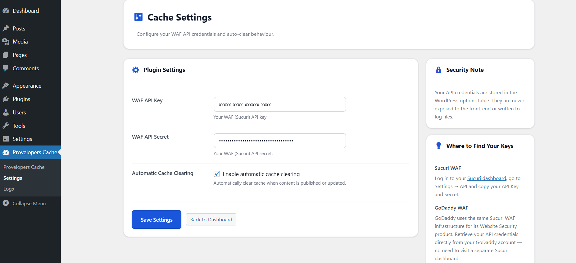 Settings — API configuration and auto clear