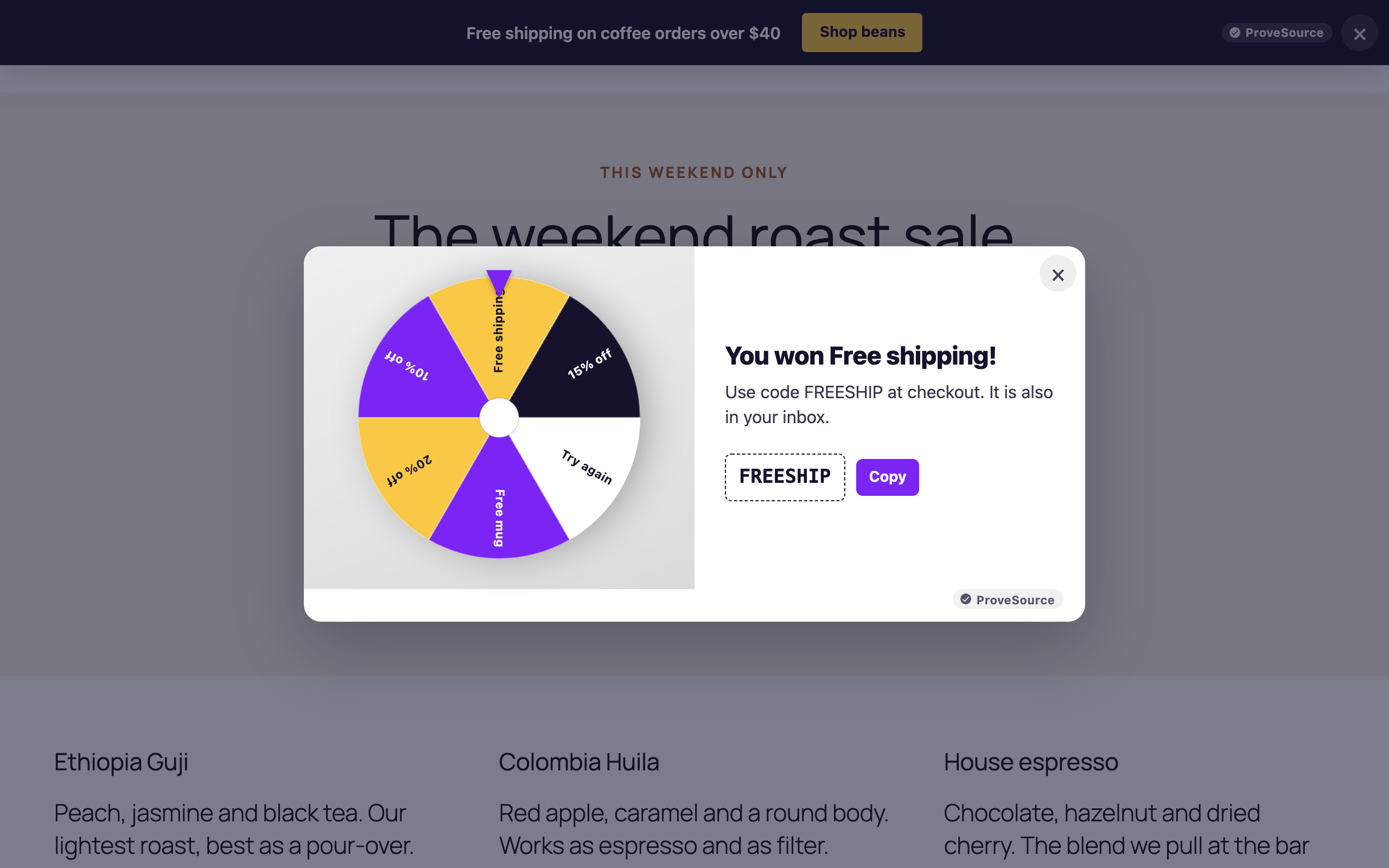 The prize, with the code the plugin applies to the WooCommerce cart.