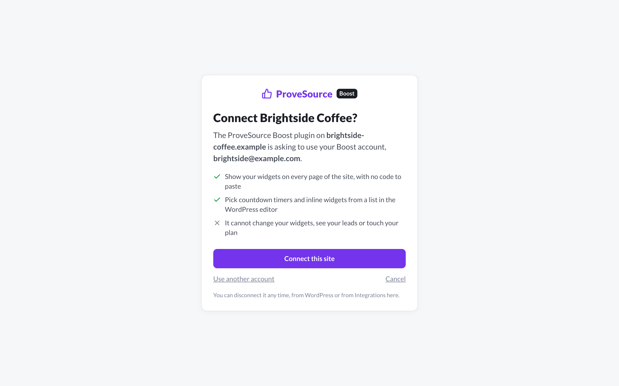 Approving the site in the Boost dashboard when you click Connect with Boost.