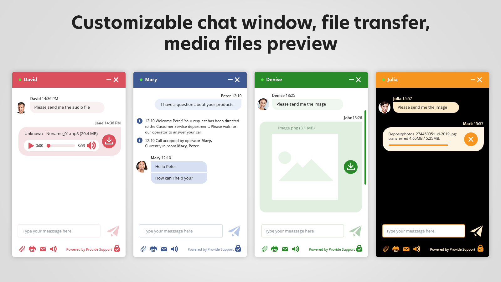 Live chat window customizations and functions - color, size, position, toolbar buttons, media files preview, etc.