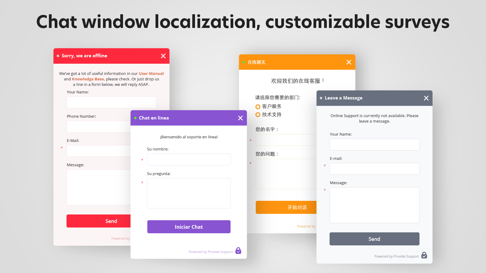 Chat window localization, customizable pre-chat survey and offline form