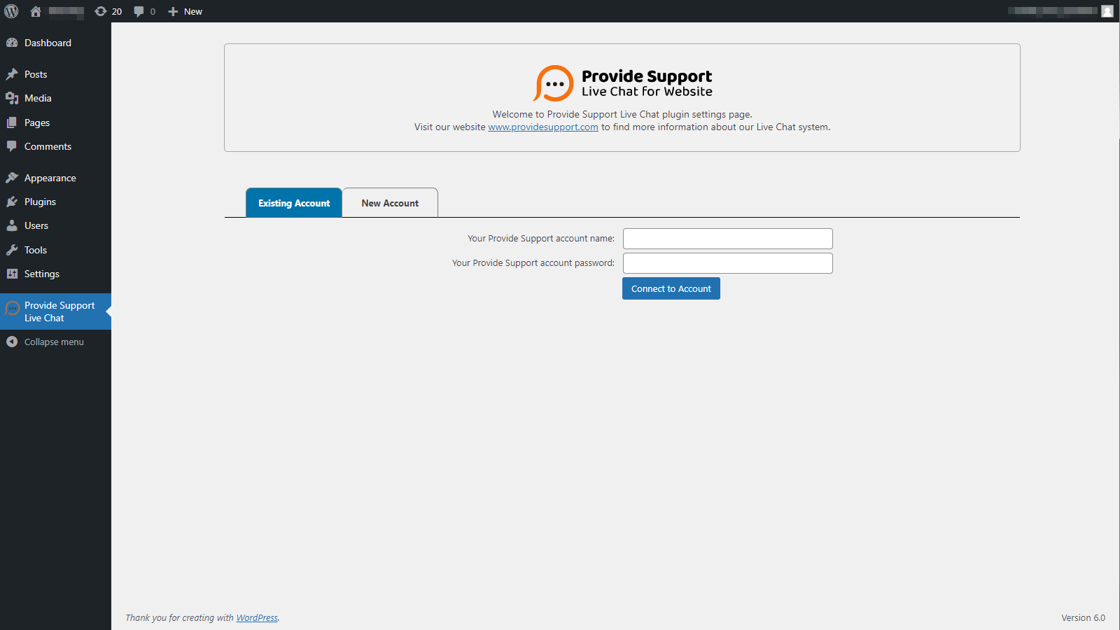 Provide Support Live Chat for WordPress settings after the plugin installation. You will need to connect to your existing Provide Support account, or create a new one