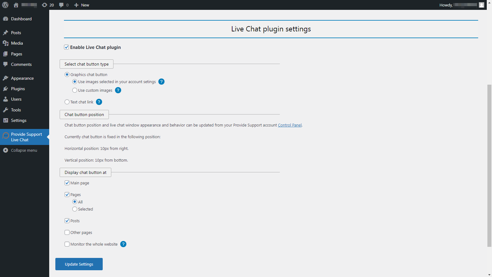 Live Chat plugin settings, embedded chat window - check the chat button position, choose how to display it, setup your website monitoring