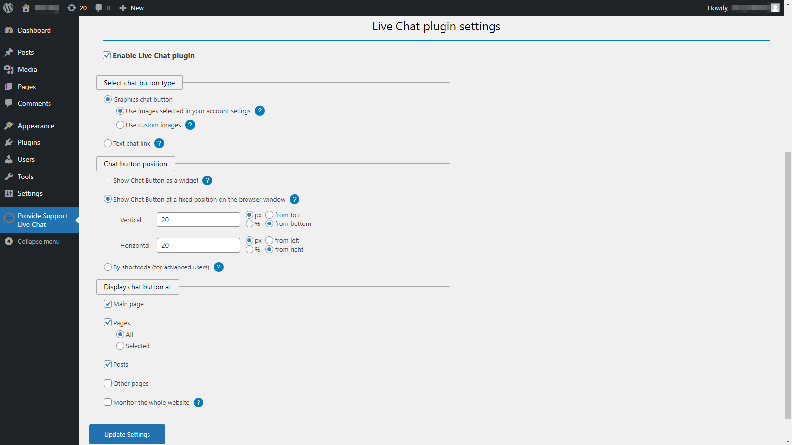 Live Chat plugin settings, classic chat window - choose how and where to display your chat button, setup your website monitoring