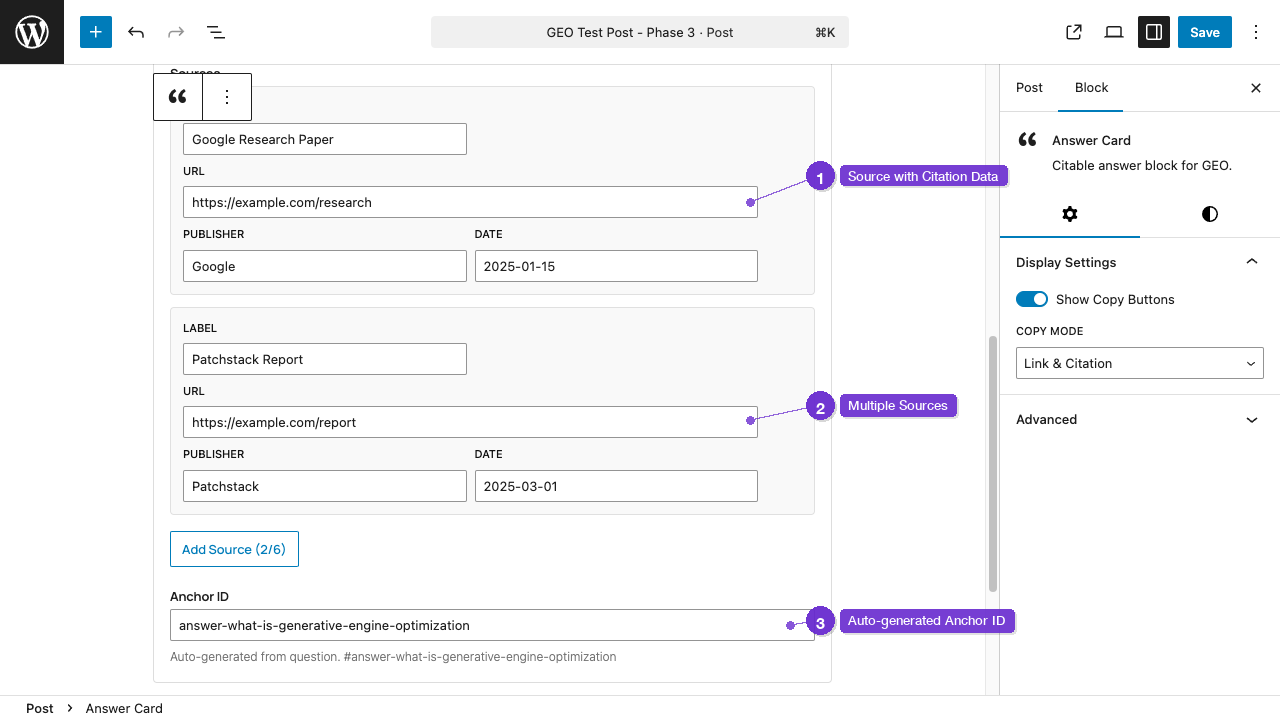Source management with label, URL, publisher, and date