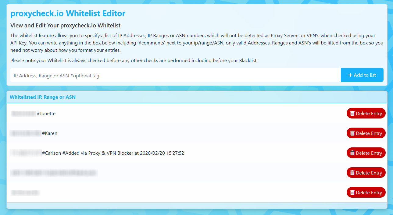 Whitelist editor page. The blacklist editor page looks similar to this.