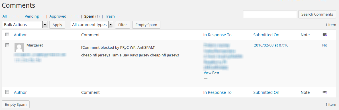 Sample SPAM blocked (Mark bad comment as a SPAM)