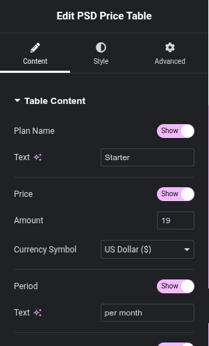 Widget options inside Elementor panel.
