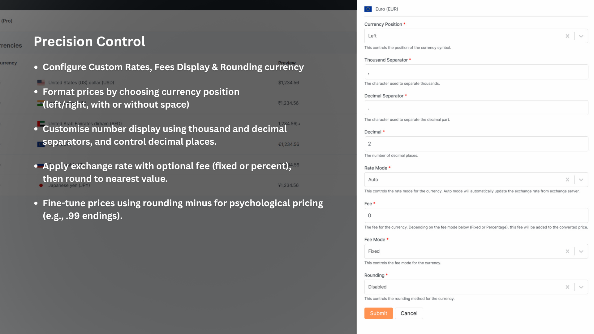 Set custom rates, fees, display format, and rounding rules.