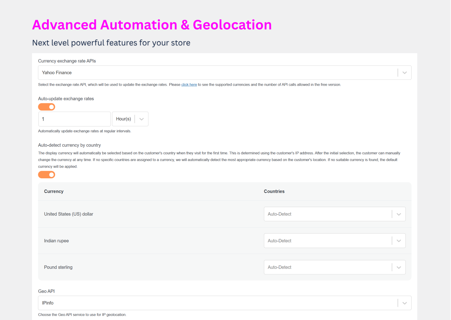 Automatic rate updates with API and geolocation support. (Pro)