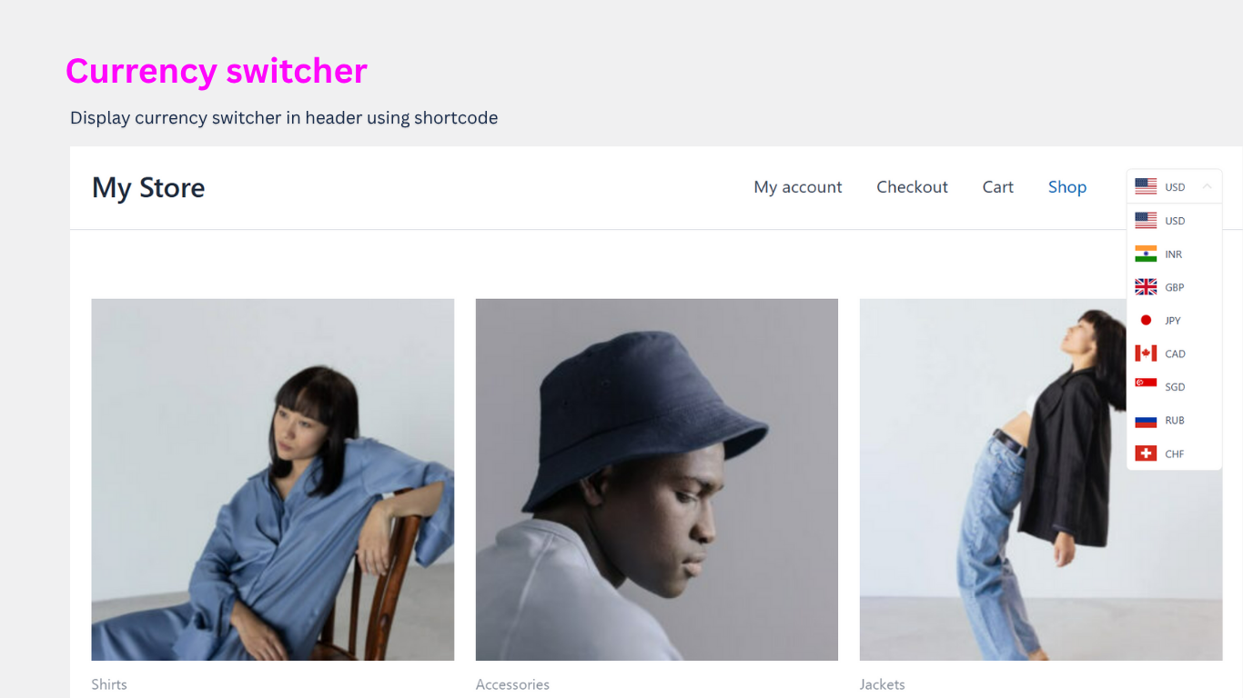 Currency switcher is easily customizable and can be placed anywhere on your site using shortcode.