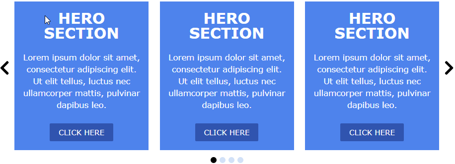 Hero Section layout repeated across three slides with heading, text, and button, styled in flat blue.