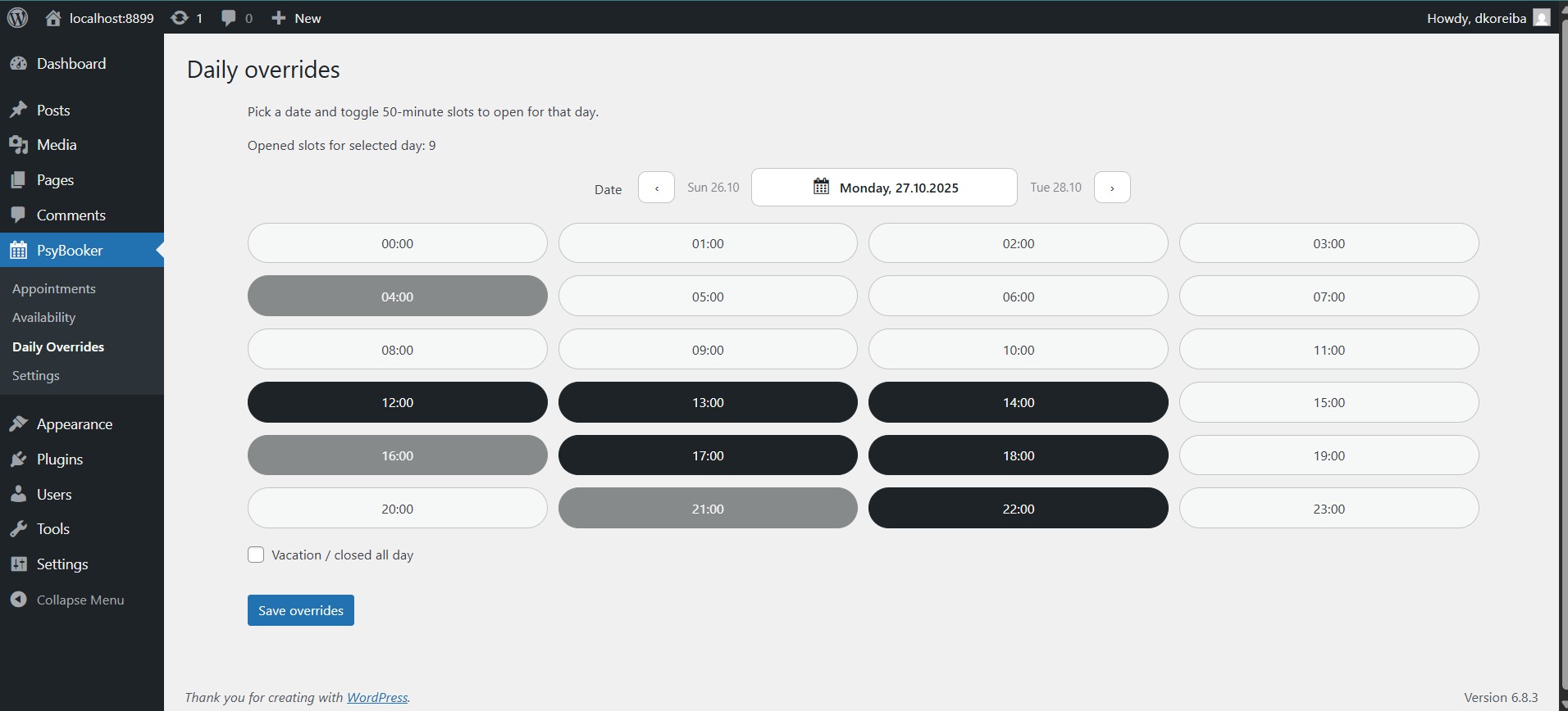 Backend Daily Overrides page