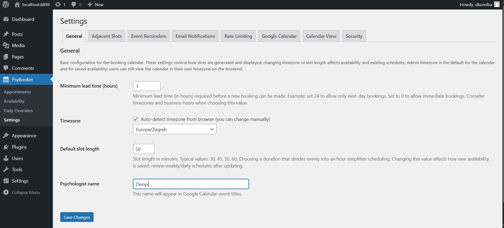 Backend General Settings page