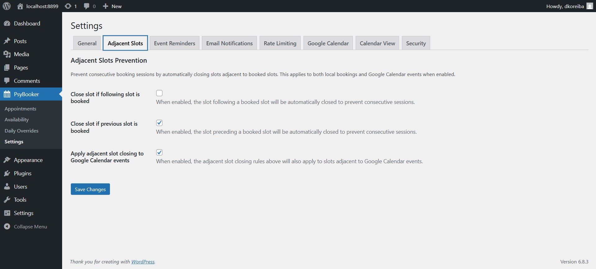 Backend Adjacent Slots Settings page