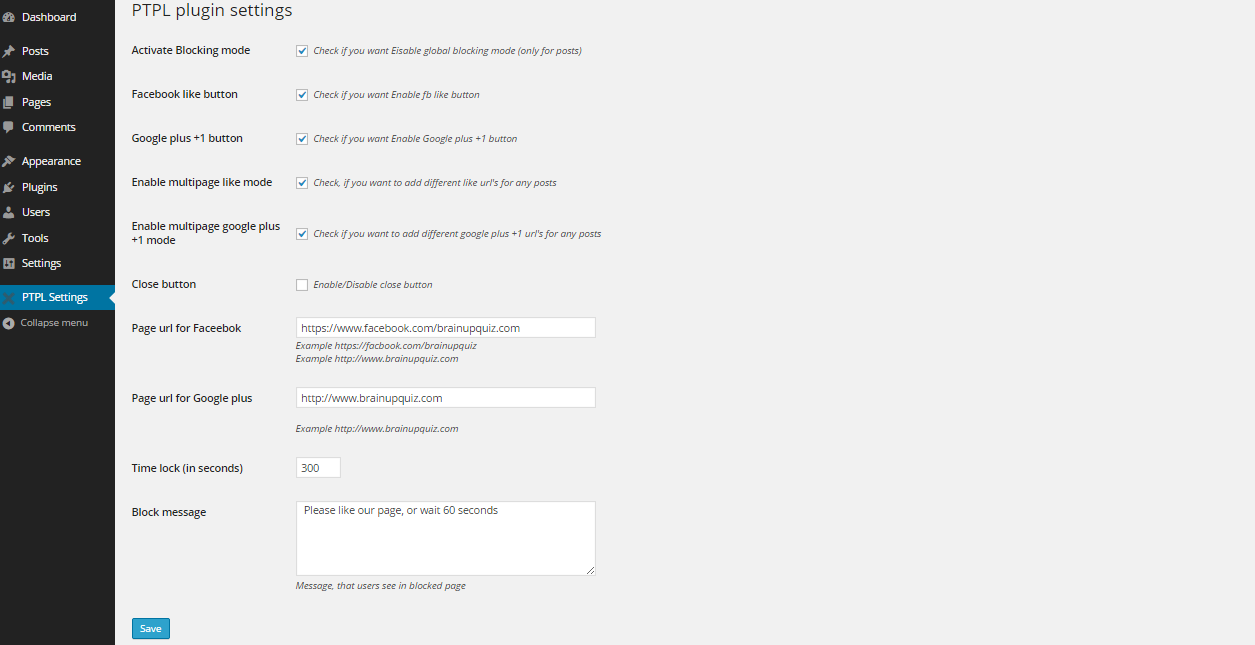 Plugin settings page.