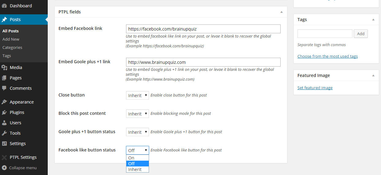 Settings in edit page of the post