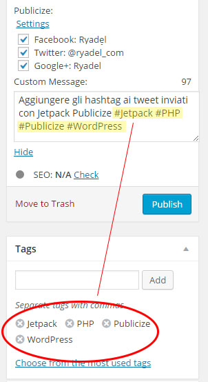 The plugin will automatically trasform your post tags to hashtags and append them to the Publicize Widget's Custom Message box. Any existing, manually inserted hashtag will be kept and/or won't be added a second time if also included as a tag.