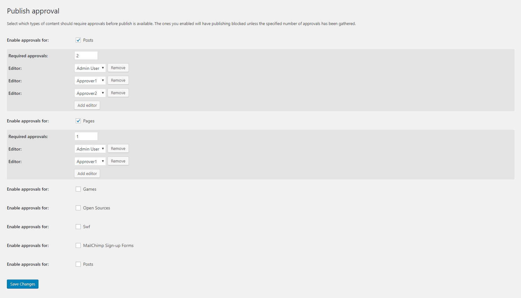 Settings page