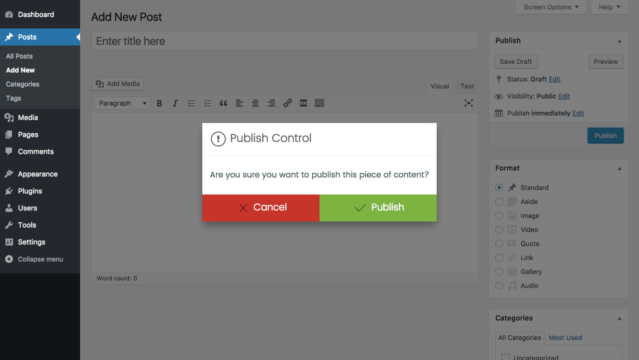 The PublishControl dialog appears when you attempt to publish a new piece of content.