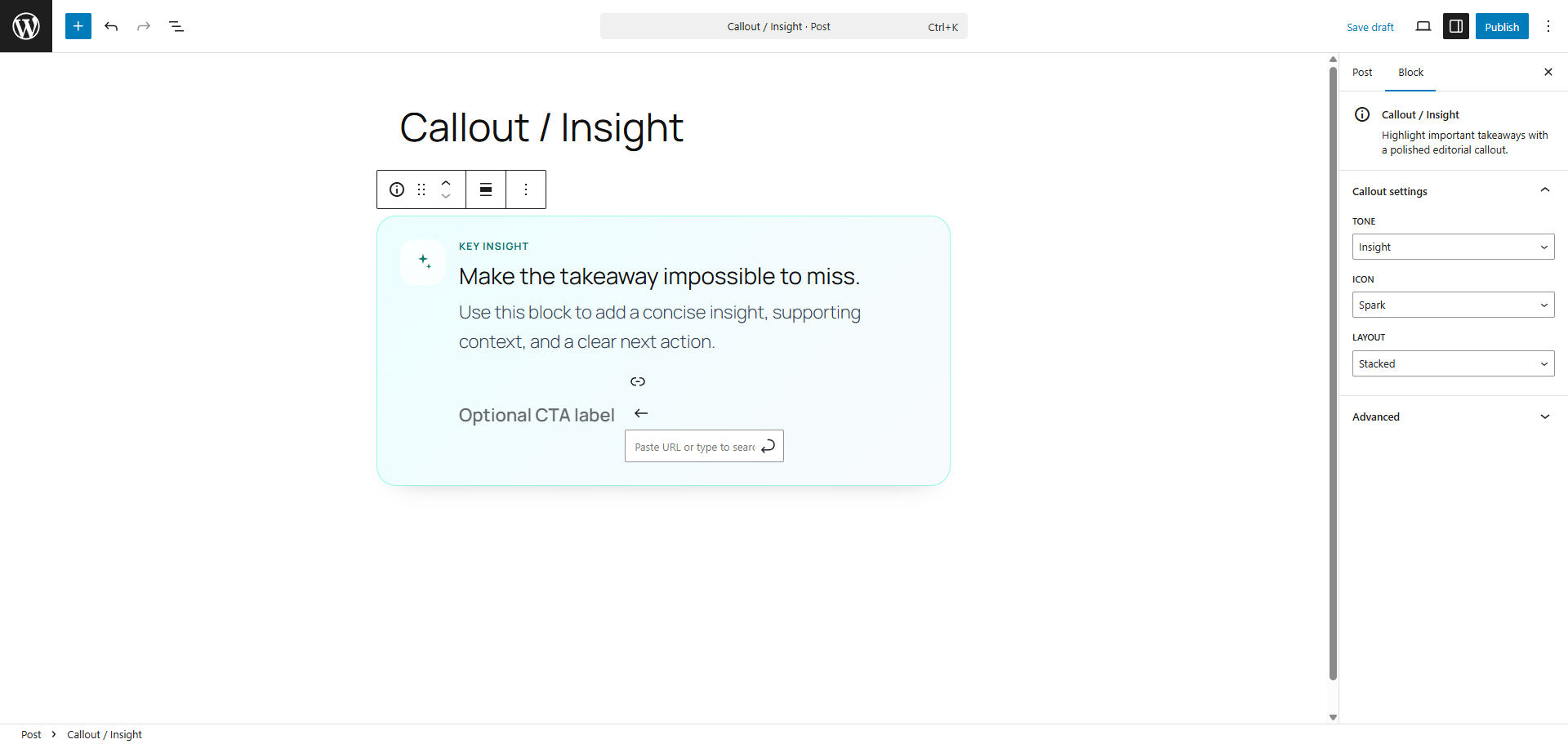 Callout / Insight block with tone variants, icon choices, and an optional call to action.