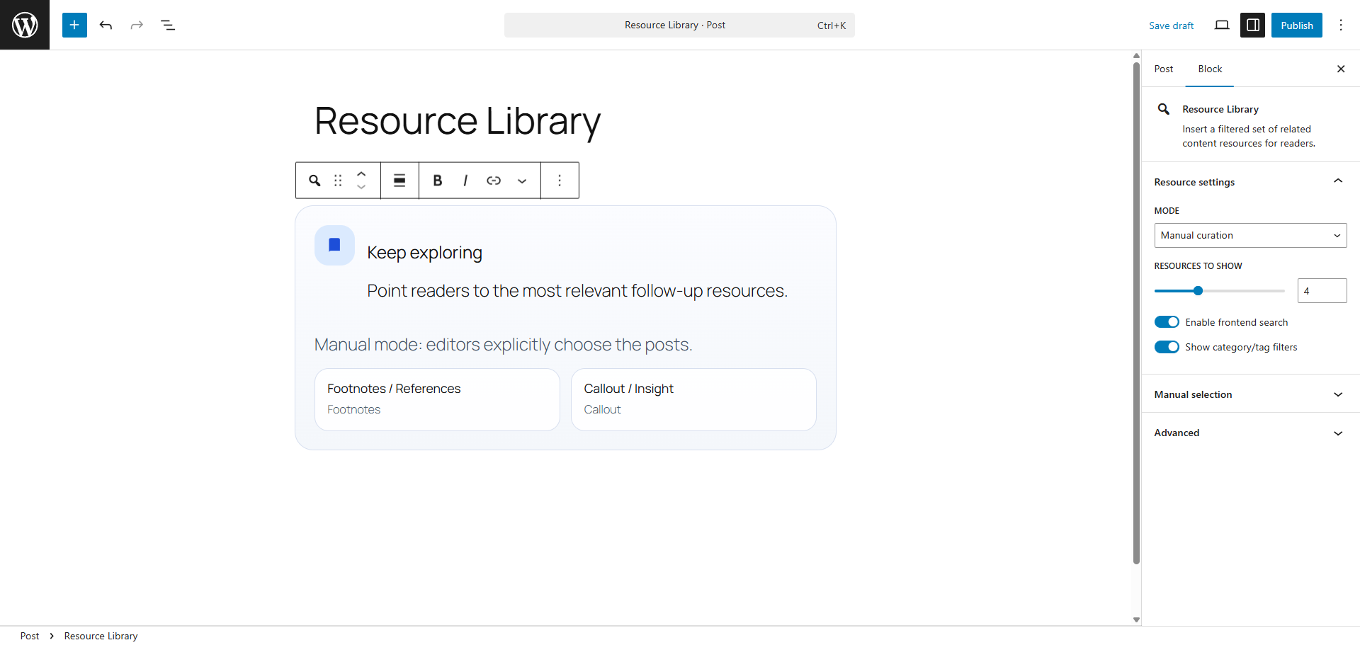Resource Library block with curated content, taxonomy filters, and live frontend search.