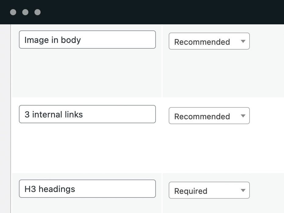 Custom checklist rules. In addition to the default rules, PublishPress Checklists allows you to create your own rules. Click “Add custom item” to create as many rules as you want.