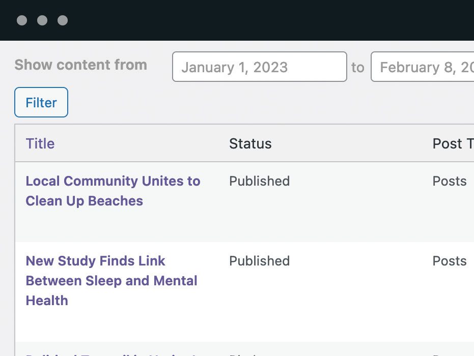 Content Overview: The Content Overview screen allows you to drill down and see content organized by status, categories, or users.