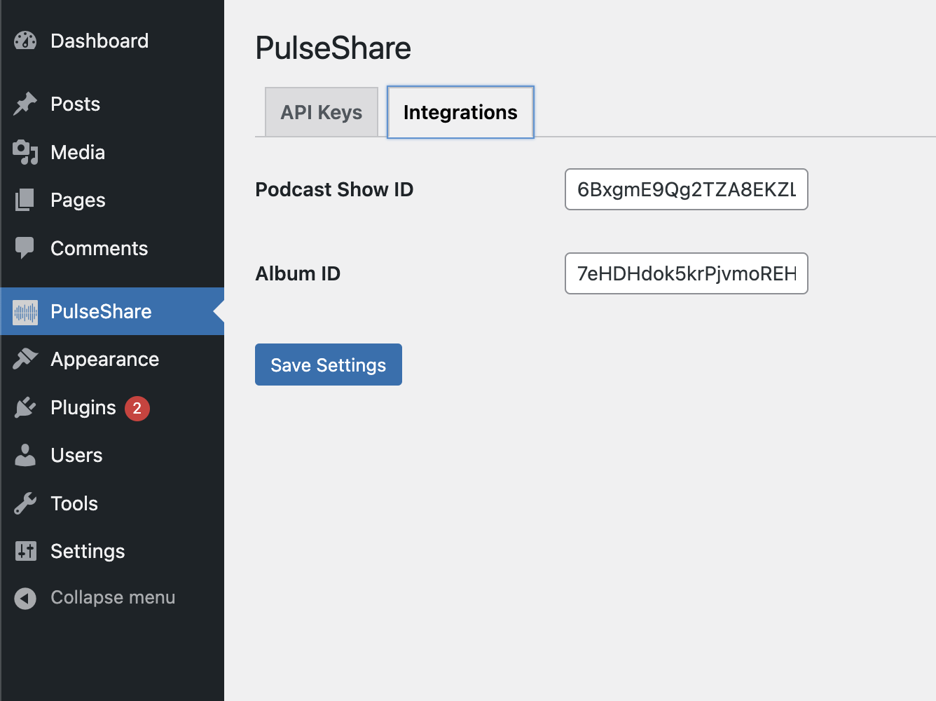PulseShare Settings Page - Here you can add your Spotify Album ID and Podcast ID.