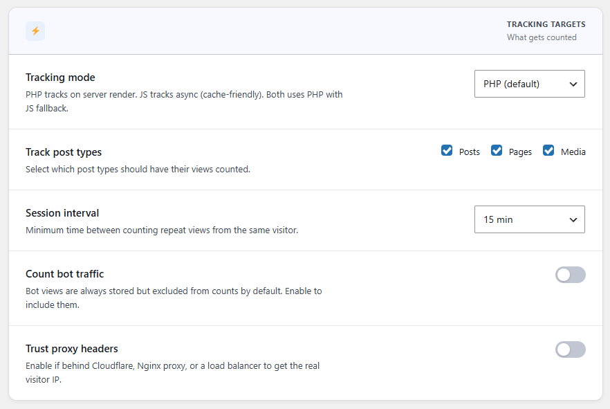 Tracking Targets settings — Configure tracking mode (PHP/JS), enabled post types, session interval duration, and bot filtering options.